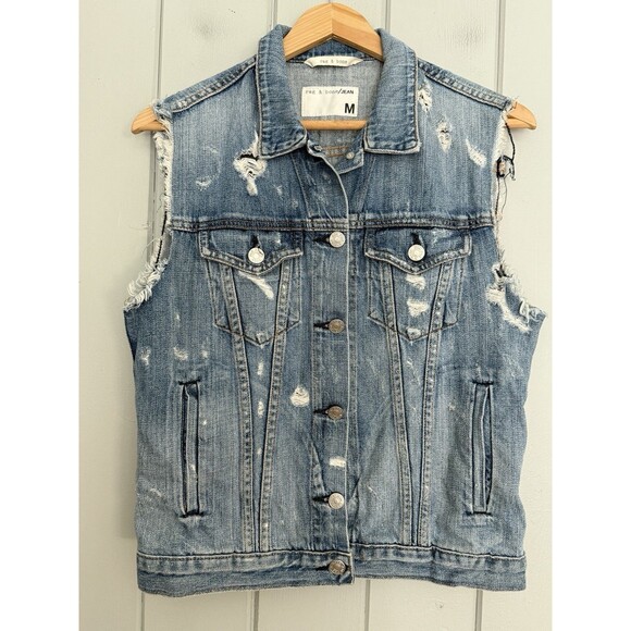 Rag & Bone/JEAN Distressed Denim Vest M Medium Tattered Pockets Collar - Picture 1 of 6